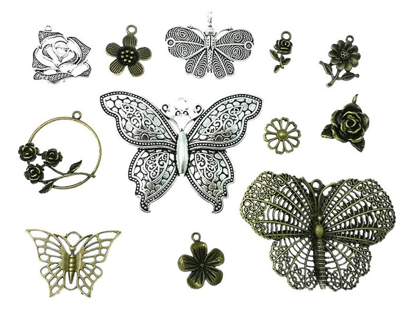 Kinteshun Butterfly Flower Leaf Charm Pendant for DIY Jewelry Making Accessaries(29pcs,Silver&Bronze Tones) - Image 4